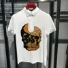 Men's Polos Four Seasons Colorful Rhinestone Men's Breathable Tops Skull Pattern Short Sleeve Gradient Reflective Stretch Shirt