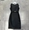 Women's Dresses Fashion office lady work dress mid length above ankle with full letters printed in black color sleeveless with side split slim design SML A003