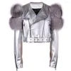 Women's Leather YOLOAgain Fur Sleeve Real Jacket Women Shiny Sliver Ladies