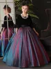 Girl Dresses Black Velvet Girls Evening Gowns O-Neck Long Sleeve Backless Children's Catwalk Costume Gradient Princess Dress