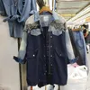 Kadın Trençkotları Kadın Harajuku Dikişli Ceket Kadın Bahar Sonbahar Omuz Elmas Seti Boncuklar Denim Bel Drawstring