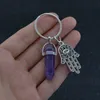 Crystal Column Hexagonal Natural Stone Keychain Fatima Palm Charm Amethyst Rose Quartz Tiger Lapis Lapis Green Aventurine Key Saco