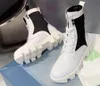 2023 Designer Paris Rocksand Leather en Nylon Combat Boots Cross Band Tied Rivet Triangle Pattern Ankle Short Booties Flat Platform Brand Sneakers Maat 35-41