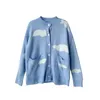 Women's Knits Knitted Female Cardigan Cute Print Clouds O Neck Loose Casual Lady Long Sleeve Women Jacket Blue White