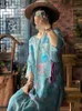 Sukienki swobodne Johnature Women Chinese Style Ramie Dress Wysokiej jakości Drukuj Kwiat Niebieski Niebieski w dekolcie siedem rękawów 2022 Pasek letni