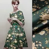 Clothing Fabric Wide 19MM 93% Silk & 7% Spandex Lotus Print Stretch Dark Green Satin For Dress Cheongsam Jacket D1025