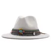 Boinas masculinas mulheres larga borda faux lã feltro chapéus fedora com banda de estilo étnico cowboy tilby cap. Moda unissex jazz