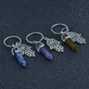 Crystal Column Hexagonal Natural Stone Keychain Fatima Palm Charm Amethyst Rose Quartz Tiger Lapis Lapis Green Aventurine Key Saco