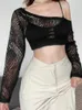 Women's T Shirts Y2k Crochet Long Sleeve Crop Top Women Sexy Off Shoulder Cut Out T-shirt 2022 Autumn Two Piece Set Tee Casual Streetwear