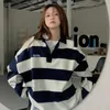 Kvinnor Hoodies Sweatshirts Deeptown Vintage Women Striped Sweatshirts Korean Style Harajuku Preppy Casual Female V Neck Polo Pullovers Streetwear Loose BF 220921