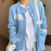 Cardigan femminile lavorato a maglia lavorato a maglia da donna con stampa carina nuvole o collo giacca da donna a maniche lunghe casual allentata da donna blu bianco