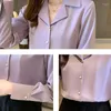 Kvinnors blusar 2022 Autumn Women Tops och Blus Blusas Elegantes Purple Shirt Drooping Loose Retro Satin Long Hleeves Shirts Female Solid