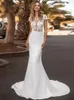 Hochzeitskleid, elegant, schlicht, Meerjungfrau-Kleid, 2022, kurzärmelig, Stehkragen, Illusion, Spitze, Applikation, Satin, Sweep-Zug, individuell