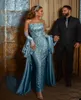 Aso Ebi arabe lac bleu robes de bal dentelle paillettes robes de soirée sans bretelles manches longues avec surjupes robe de soirée sur mesure