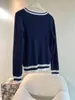 Varumärkeströjor Hem College Style Navy Blue Fried Dough Twist V-Neck Large Outline Letter broderad stickad Cardigan