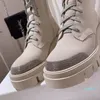 Beige chunky platform boots leather Hiking lace-up shoes combat boot 65mm low heel Round toes casual booties ankle