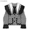 Womens Jackets Women Vintage Plaid Lace Patchwork Short Jacket Trendy Sailor Collar Loose Casual Single Breasted Coats Long Sleeve Outwear 220921