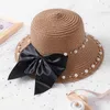 Chapeaux à large bord 2022 Mode Parent-Enfant Été Britannique Perle Perles Big Bow Fille Fille Chapeau De Paille Bébé Ombrage Soleil Dame Plage