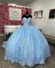 Sky Blue Flowers Pearls Princess Quinceanera sukienki z koralików na ramię Crystal Sweet 16 Sukienka Vestido de 15 Anos Lace-up