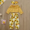 Ensembles de vêtements d'automne pour bébés filles de 1 à 4 ans, hauts à volants, T-Shirt, pantalon tournesol jaune, bandeau, 3 pièces, tenues d'automne