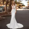 Robe de mariée élégante Simple robe de sirène 2022 à manches courtes col haut Illusion dentelle Applique Satin balayage Train personnalisé