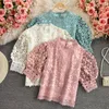 Damenblusen, Damenhemden, schicke Haken-Blume, hohle Spitzenbluse, Damen-Tops, 2022, Sommer, Vintage-Stil, Puffärmel, Frau, elegante Mode