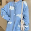 Women's Knits Knitted Female Cardigan Cute Print Clouds O Neck Loose Casual Lady Long Sleeve Women Jacket Blue White
