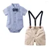 Kledingsets Baby Boy Romper Gentleman Set for Kids Birthday Party Plaid Overalls Shorts Boys Deskleding Infant Outfits met Bowtie