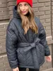 Femmes vers le bas Parkas chaud solide veste à manches longues taille ceinturée veste d'hiver femmes automne mode décontracté manteaux à capuche femme coton matelassé vêtements 220921