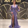 Purple Long Sleeves Prom Dresses High Slit Appliques Beadings Sweep Train Satin Formal Evening Gowns