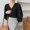 Kobiety damskie Qoerlin V-Neck Neck Shesh Lantern Rleeve Sweter Sweter Fash Fashion Slim Szyfonowe Cardigan Długie dzianinowe top