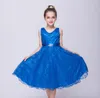 Kız elbiseler sevimli kraliyet mavisi dantel çiçek kızlar elbise 2022 bir çizgi o boyun kolu boncuklu diz uzunluğu kısa beyaz ilk kutsal cemaat elbisesi