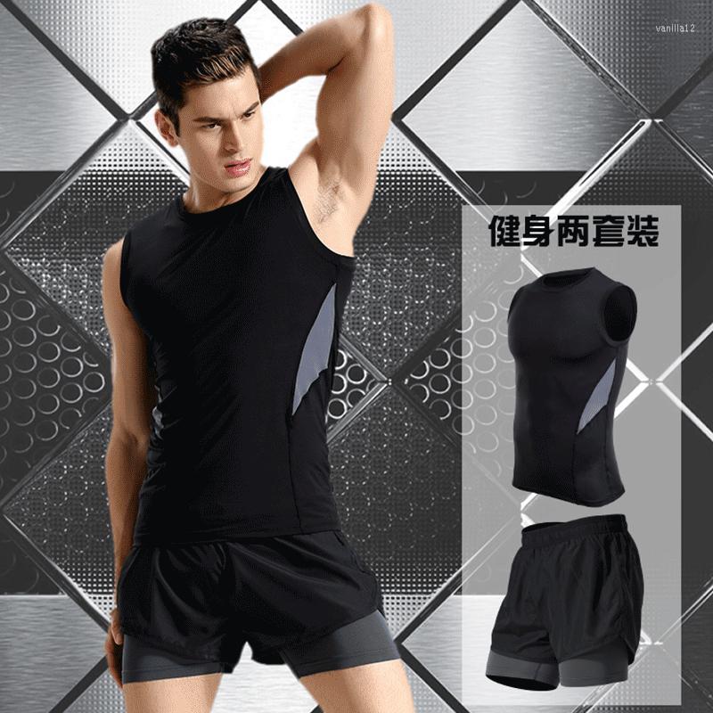 Running Sets Summer Sports Suit Men's Stretch Moisture-wicking Tight-fitting Quick-drying Vest Double-layer Shorts Active Wear Men