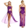 Vestuário de palco feminino sem mangas transparente malha vestido collant dança para balé performance lírica bainha assimétrica bailarina dancewear