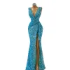 Sirène sexy robes de bal arabe turquoise à paillettes en de profonde v couche-coudes se paillettes côté haut de la longueur du sol divisé le soir de soirée robes de fête de fête spécial ocs us 403