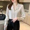 Kvinnors blusar 2022 Autumn Women Tops och Blus Blusas Elegantes Purple Shirt Drooping Loose Retro Satin Long Hleeves Shirts Female Solid