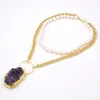 Pendant Necklaces Natural Freshwater White Rice Pearl Chain Necklace Purple Amethysts Druzy 17" Office Style For Women