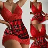 Women's Sleepwear Women's One-Piece Sexy Fashion V-Neck LaceLingerie Underwear Steel Ring Pajamas Garter Summer Sleeveless