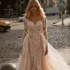 Detachable 2 In 1 Gillter Wedding Dress Beading With Train O-neck long sleeve Vintage mermaid Bride Gowns Vestido De Novia