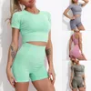 Set attivi Camicia da donna Leggings Completo da due pezzi Allenamento Fitness Abbigliamento da palestra Tuta sportiva Abbigliamento da yoga senza cuciture lavato a costine Top corto