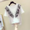 Women's T Shirts 2022 T-Shirt Female Korean Style Nail Beads Lotus Leaf Lace Sculpture Round Collar Short Sleeve Student Summer Tshirt