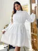 플러스 사이즈 드레스 간단한 단단한 사무실 흰색 긴 소매 드레스 가을 캐주얼 우아한 레이스 승무원 A- 라인 4xl up