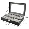 Watch Boxes 12-Slot Box Stand With Glass Cover Gray Velvet Wooden Storage In Carbon Fiber Pu Leather