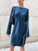 Casual Dresses Silk Satin for Women Elegant Long Sleeve Knee Length Evening O Neck A Line Fashion Summer 220922