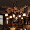 Pendant Lamps Retro Wood Lights 8 Head Vintage Industrial Loft Glass Iron LED Chandelier Suspension Lamp Wooden Droplight