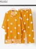 Women's Two Piece Pants ZANZEA Bohemian Summer Polka Dots Printed Holiday Matching Sets Long Sleeve ONeck High Low Blouse Femme Fashion Casual Pant 220922