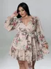 Robes de taille plus élégante pour femmes vêtements robe à manches longues avec imprimé floral court en mousseline de mousseline