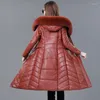 Women's Trench Coats Leather Hooded Parkas Women High Imitation Sheepskin Long Real Fur Collar White Duck Down Padded Jacket