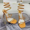 Fyrkantiga sandaler för dam lyxiga designer kristall ankel rem lindning skor högklackat sexig stilett sandal 35-43 fabriksskor