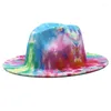 Berets Tie-dyed Woolen Top Hat Spring Color Tweed Ladies Big Brim Jazz Felt Ink Painting Double-sided Printing Dyeing